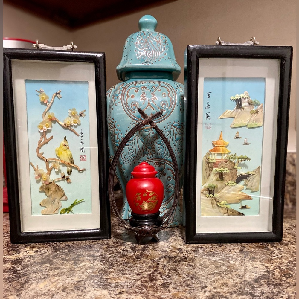 🎎 50s Vintage Abalone Mother of Pearl Signed 3D Carved Shell Shadow Box Set